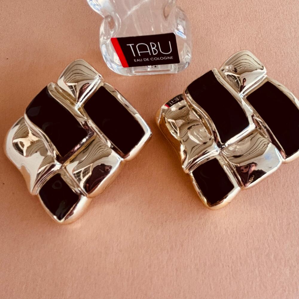 Vintage 1980's Black & Gold Oversized Large Square Pierced Earrings.